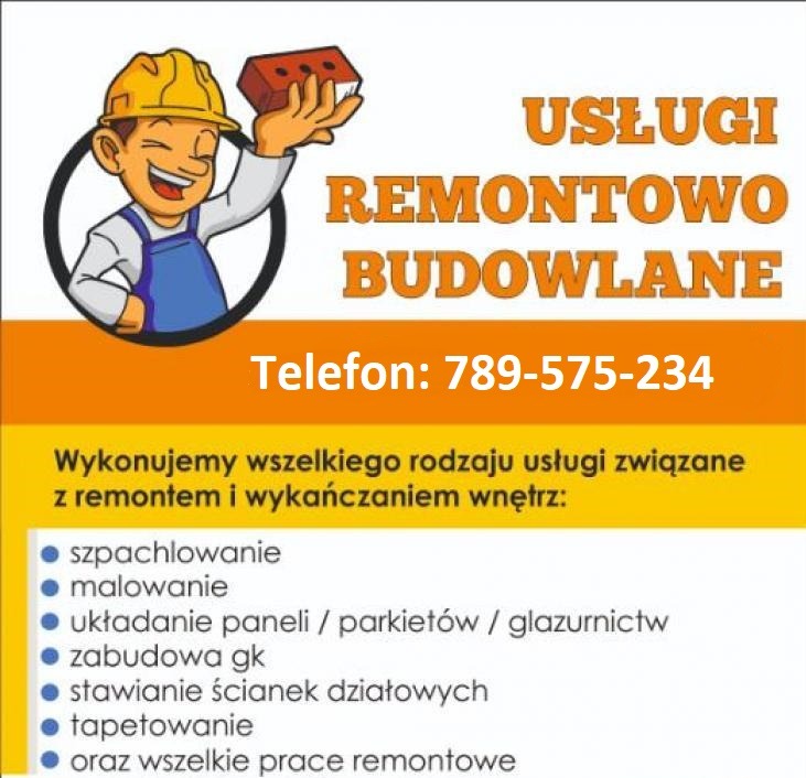 Grafika reklamowa firmy remontowo-budowlanej z uśmiechniętym murarzem w kasku trzymającym czerwoną cegłę, numerem telefonu i listą oferowanych usług wykończeniowych.