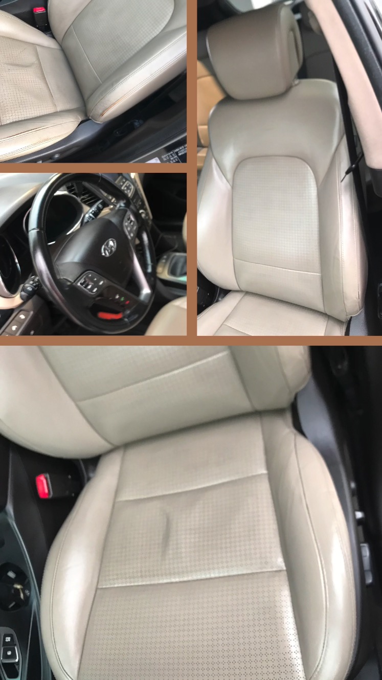 Beżowe skórzane fotele samochodowe przed i po czyszczeniu, widoczne różnice w odcieniu i czystości, perforowana skóra, czarna kierownica z elementami sterowania.