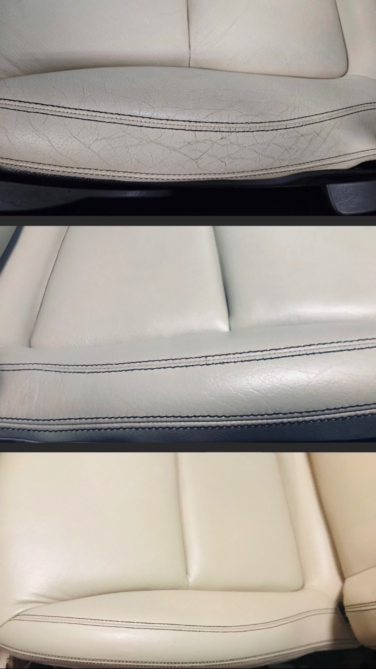 Porównanie stanu skórzanego fotela samochodowego przed i po czyszczeniu, widoczne pęknięcia i zabrudzenia na górnym fragmencie oraz gładka powierzchnia po zabiegu na dolnych fragmentach.