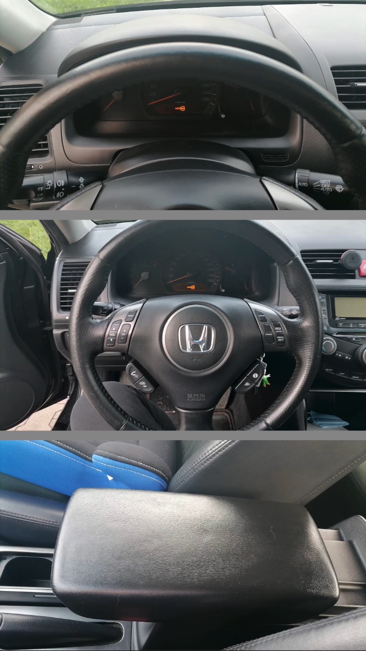 Wnętrze samochodu Honda z widoczną deską rozdzielczą, kierownicą z logo, kluczykami oraz podłokietnikiem z niebieskim obszyciem na siedzeniu.