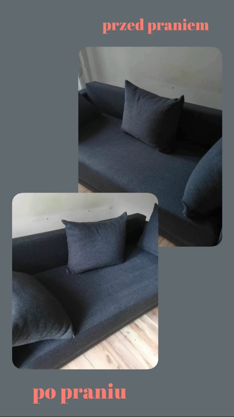 Porównanie dwóch ujęć szarej kanapy z poduszkami: górne 'przed praniem', dolne 'po praniu', ukazujące różnicę w odcieniu i czystości tapicerki.