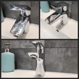 Kran łazienkowy: porównanie przed i po czyszczeniu, widoczne osady kamienia usunięte z powierzchni armatury, błyszczący chrom.