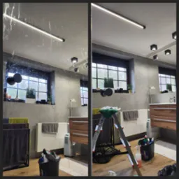 Lustro w łazience podzielone na dwie części: brudne przed i czyste po umyciu, widoczna drabina, środki czystości i okno z roślinami.