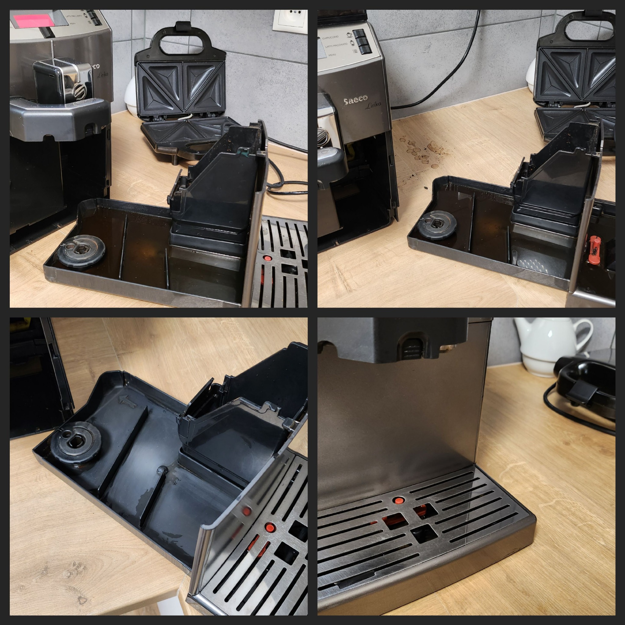 Cztery ujęcia ekspresu do kawy Saeco Lirika z wyjętymi elementami, tacka ociekowa z resztkami kawy, obok toster do kanapek.