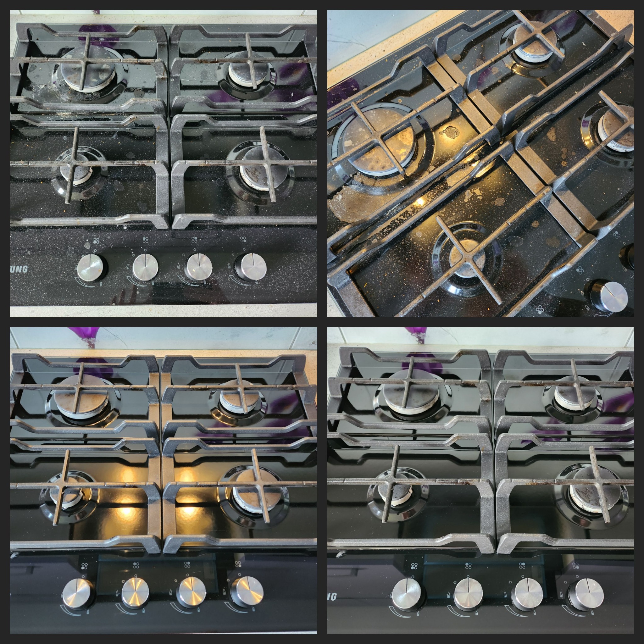 Czteropanelowe porównanie czystości czarnej płyty gazowej: przed i po czyszczeniu, z widocznymi zabrudzeniami i smugami na górnych zdjęciach oraz lśniącą powierzchnią na dolnych.