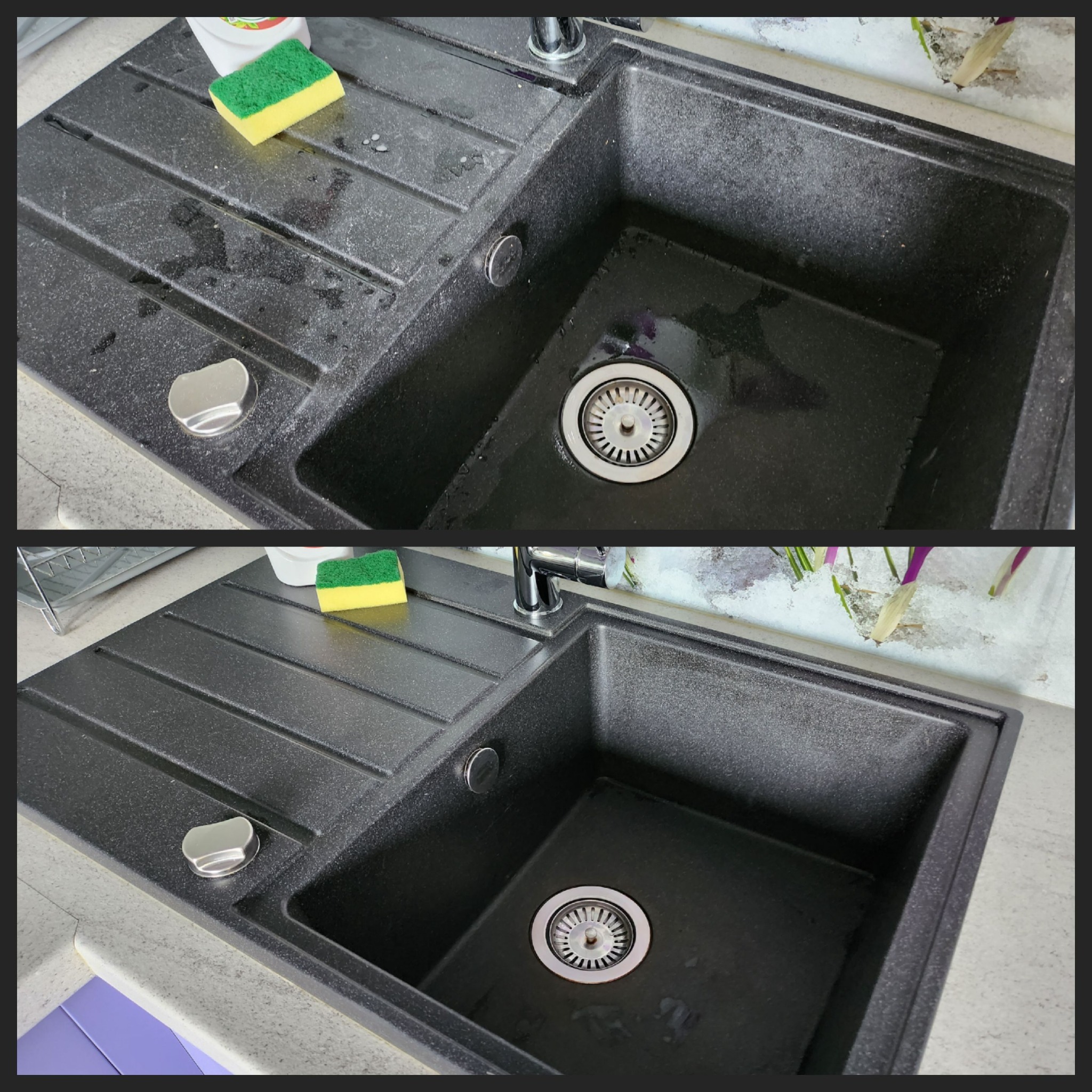 Porównanie czyszczenia zlewu granitowego: górny panel przed, dolny panel po czyszczeniu, widoczna gąbka i płyn do naczyń.