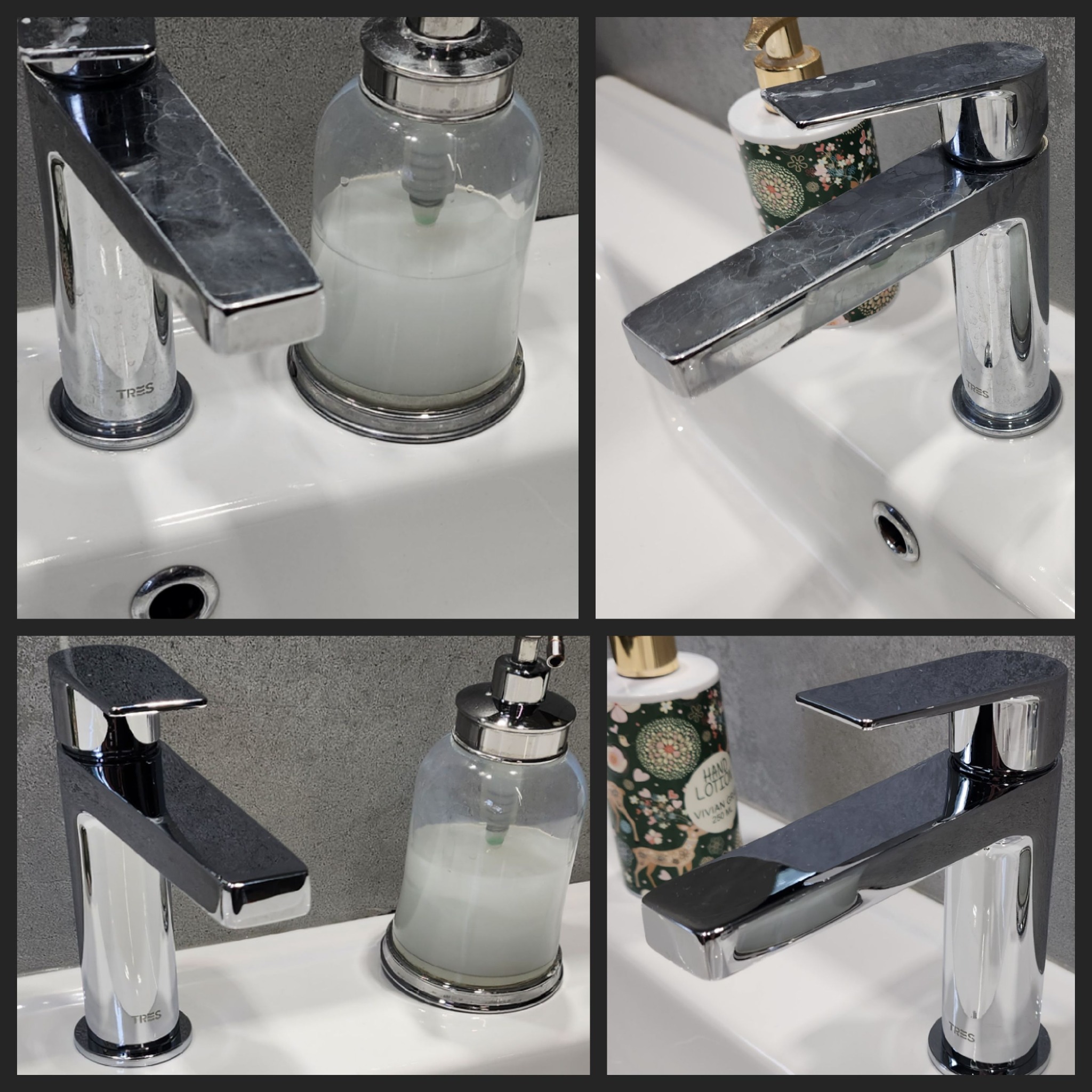 Kafelki, umywalka i bateria TRES przed i po czyszczeniu, widoczne zacieki i plamy z wody usunięte.