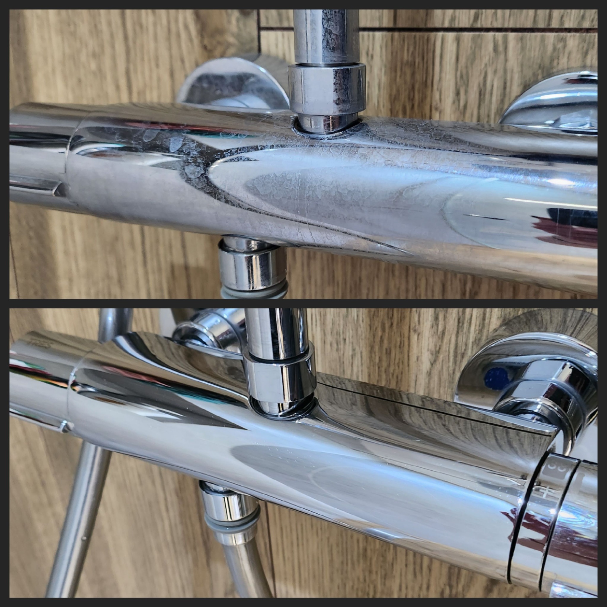 Porównanie baterii łazienkowej przed i po czyszczeniu, widoczne zacieki i osady kamienia usunięte z chromowanej powierzchni.