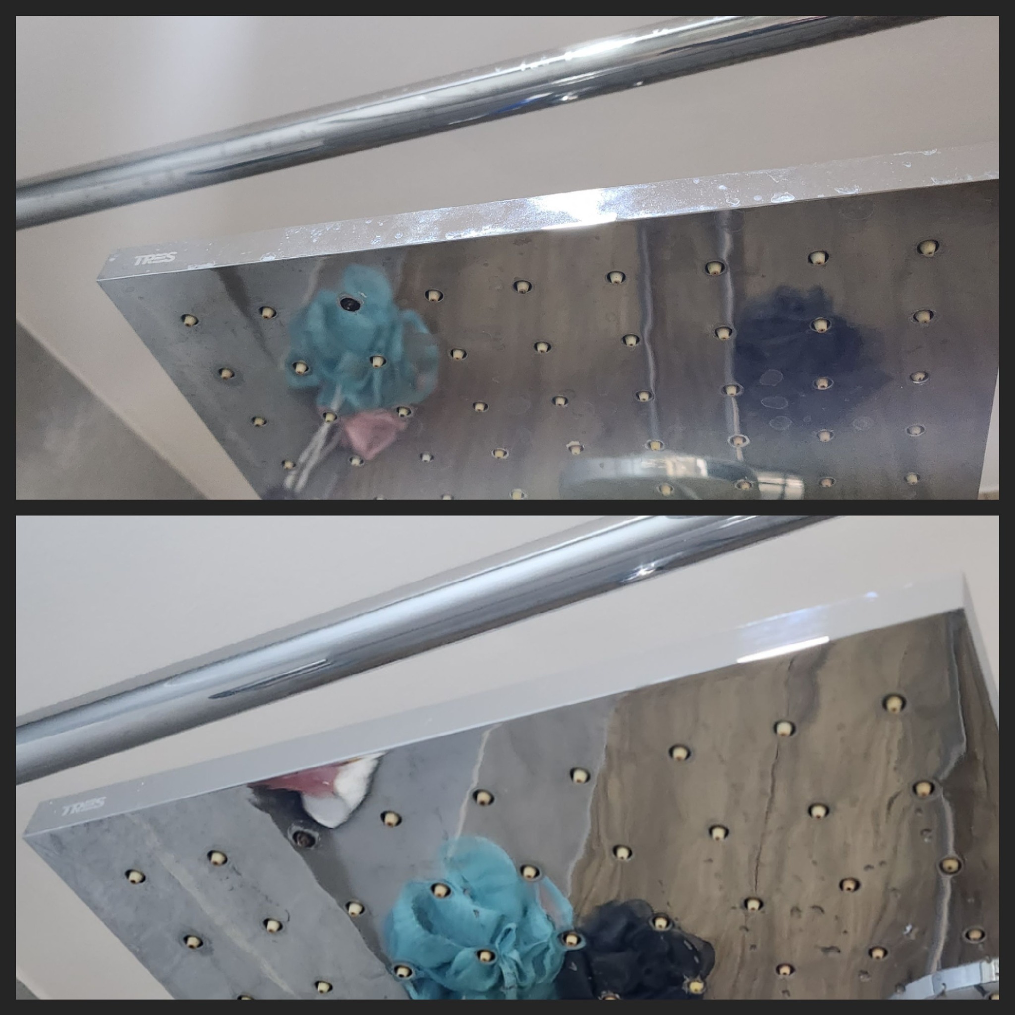 Zacieki i osad na chromowanej deszczownicy prysznicowej z widocznymi dyszami i gąbkami do mycia. Widoczne ślady użytkowania.