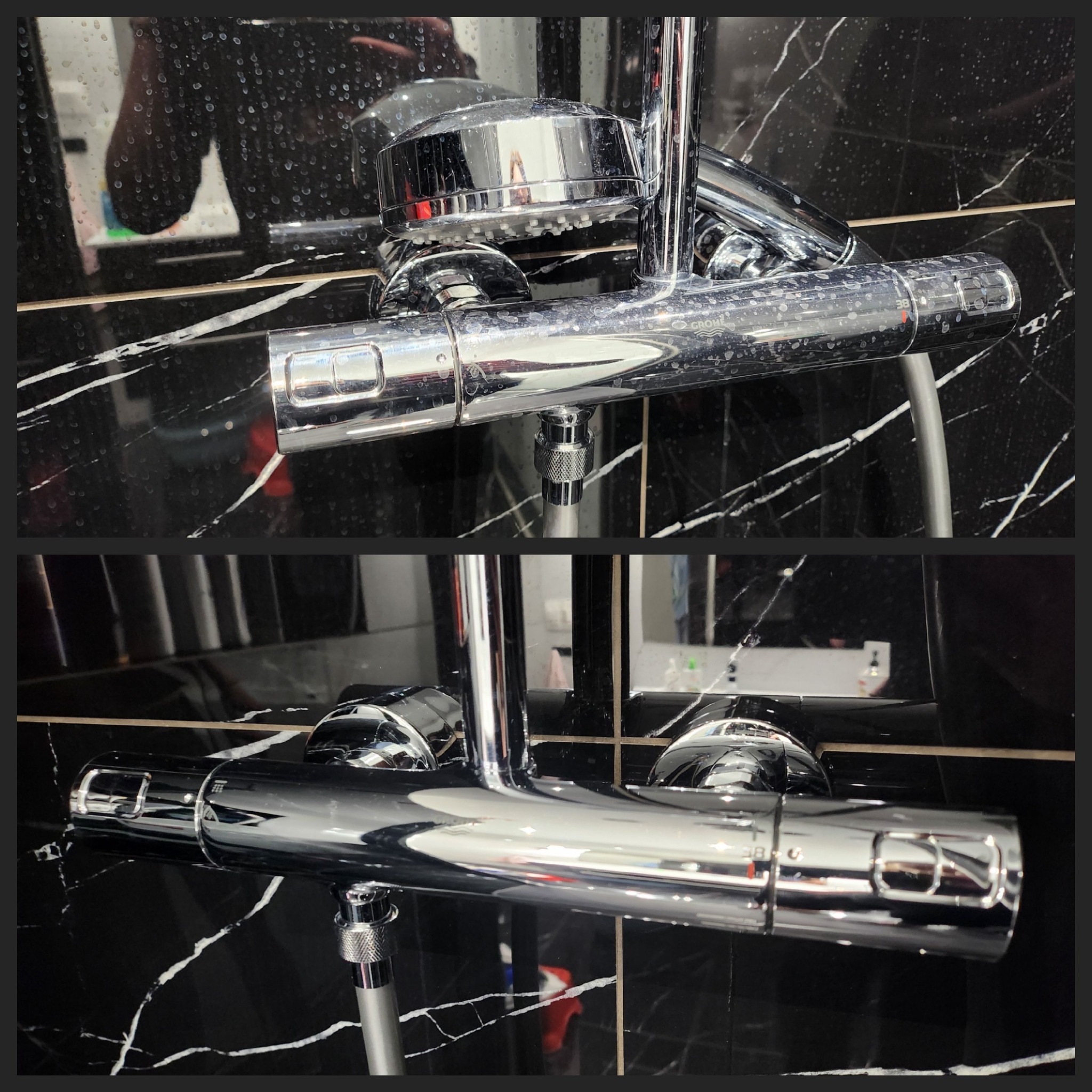 Porównanie: Zabrudzona i wyczyszczona chromowana bateria prysznicowa na tle czarnej marmurowej ściany.