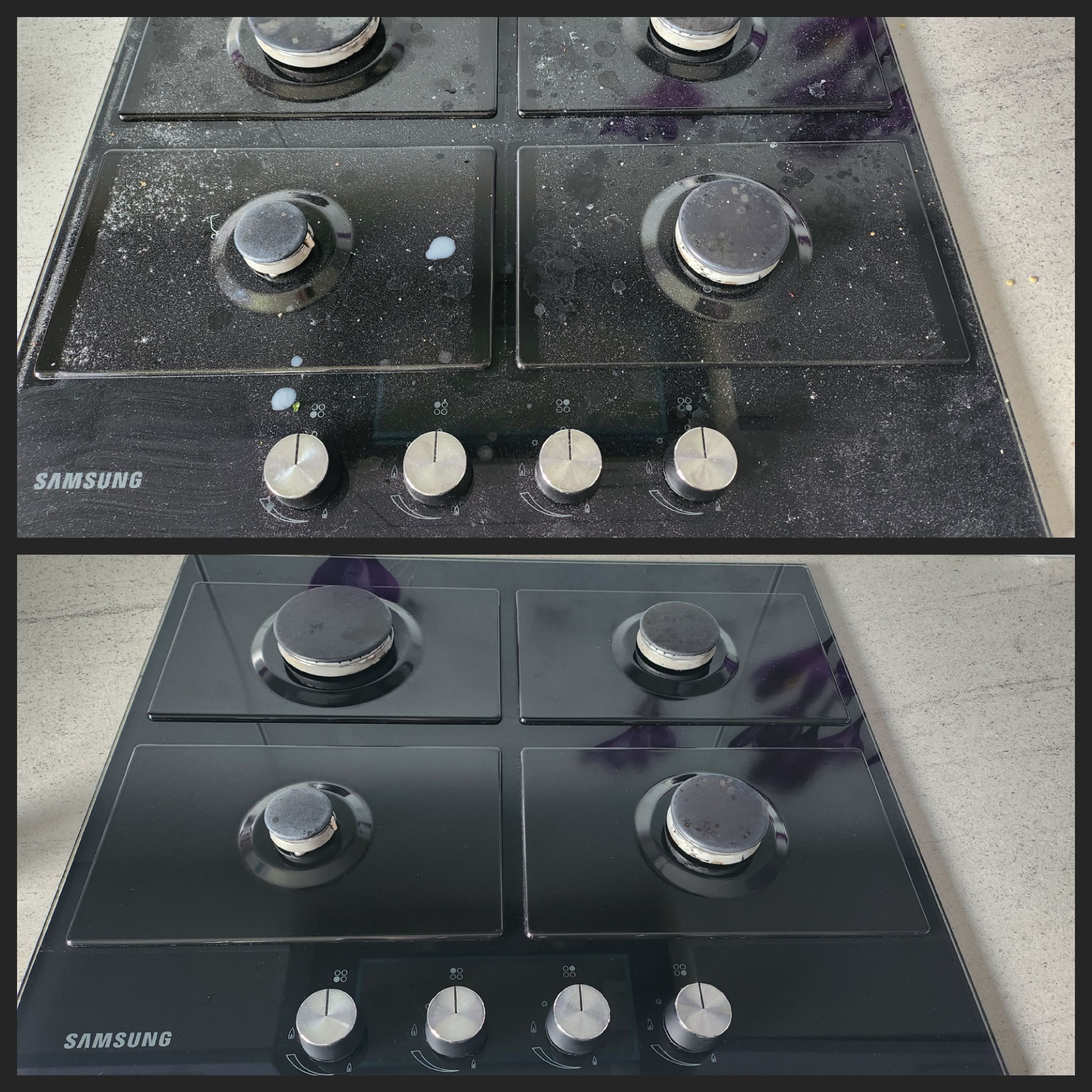 Czyszczenie płyty gazowej Samsung: porównanie stanu przed i po, widoczne usunięte zabrudzenia i połyskująca powierzchnia.