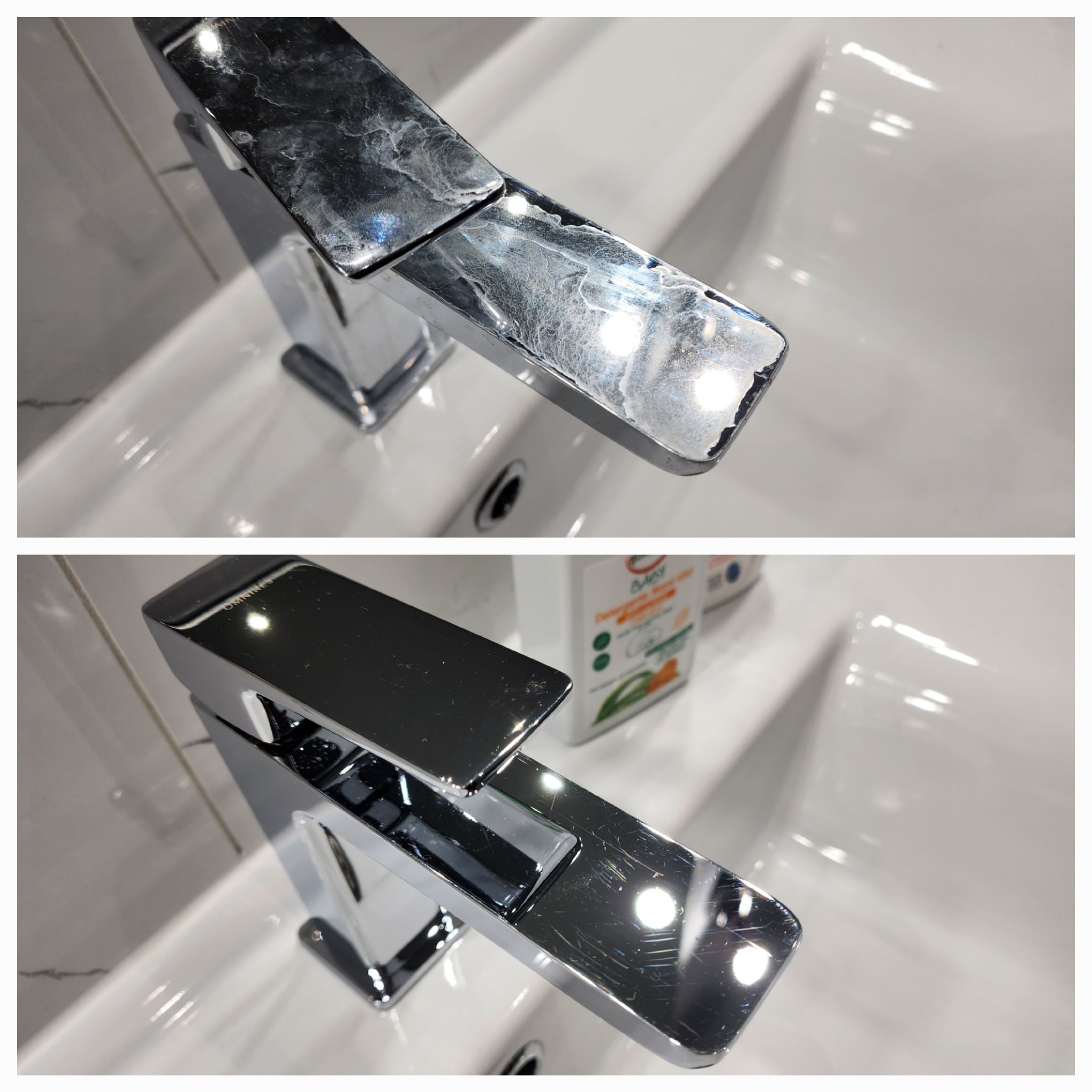 Porównanie kranu łazienkowego przed i po czyszczeniu, widoczne ślady kamienia i zacieków usunięte, chromowana powierzchnia lśniąca, biała umywalka w tle.