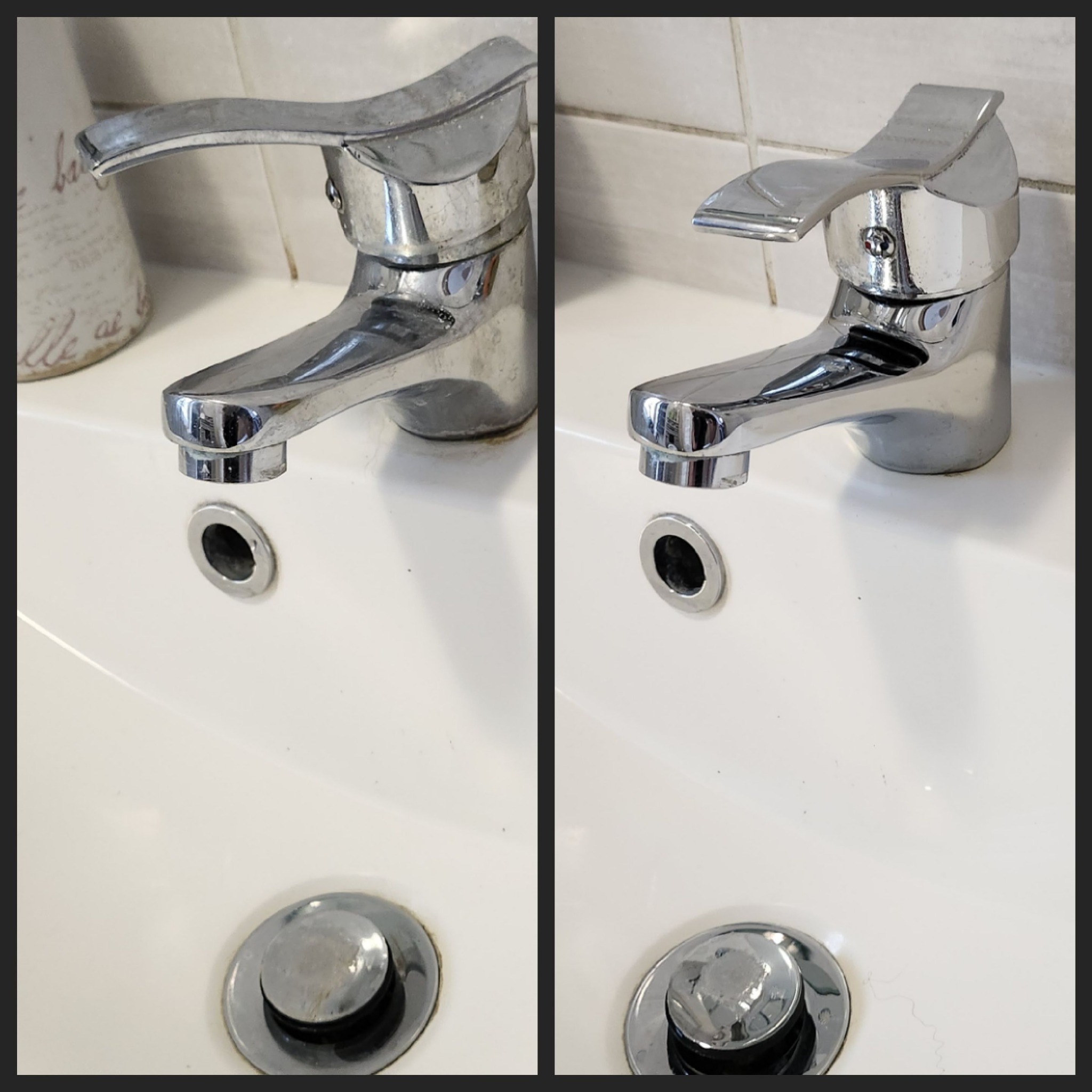 Porównanie baterii umywalkowej przed i po czyszczeniu, widoczne osady kamienia usunięte, połysk przywrócony.