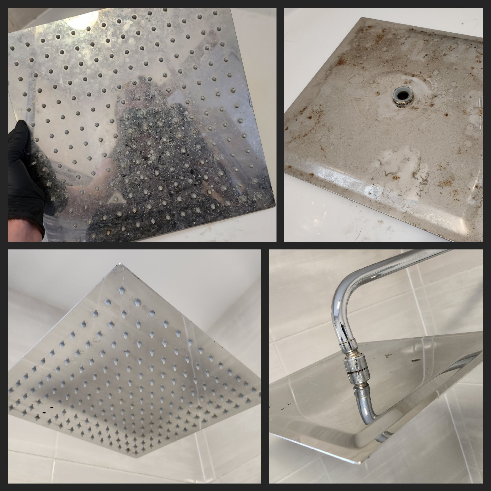 Kwadratowa deszczownica przed i po czyszczeniu: widoczne osady kamienia i efekt lśniącej stali nierdzewnej po zabiegu.