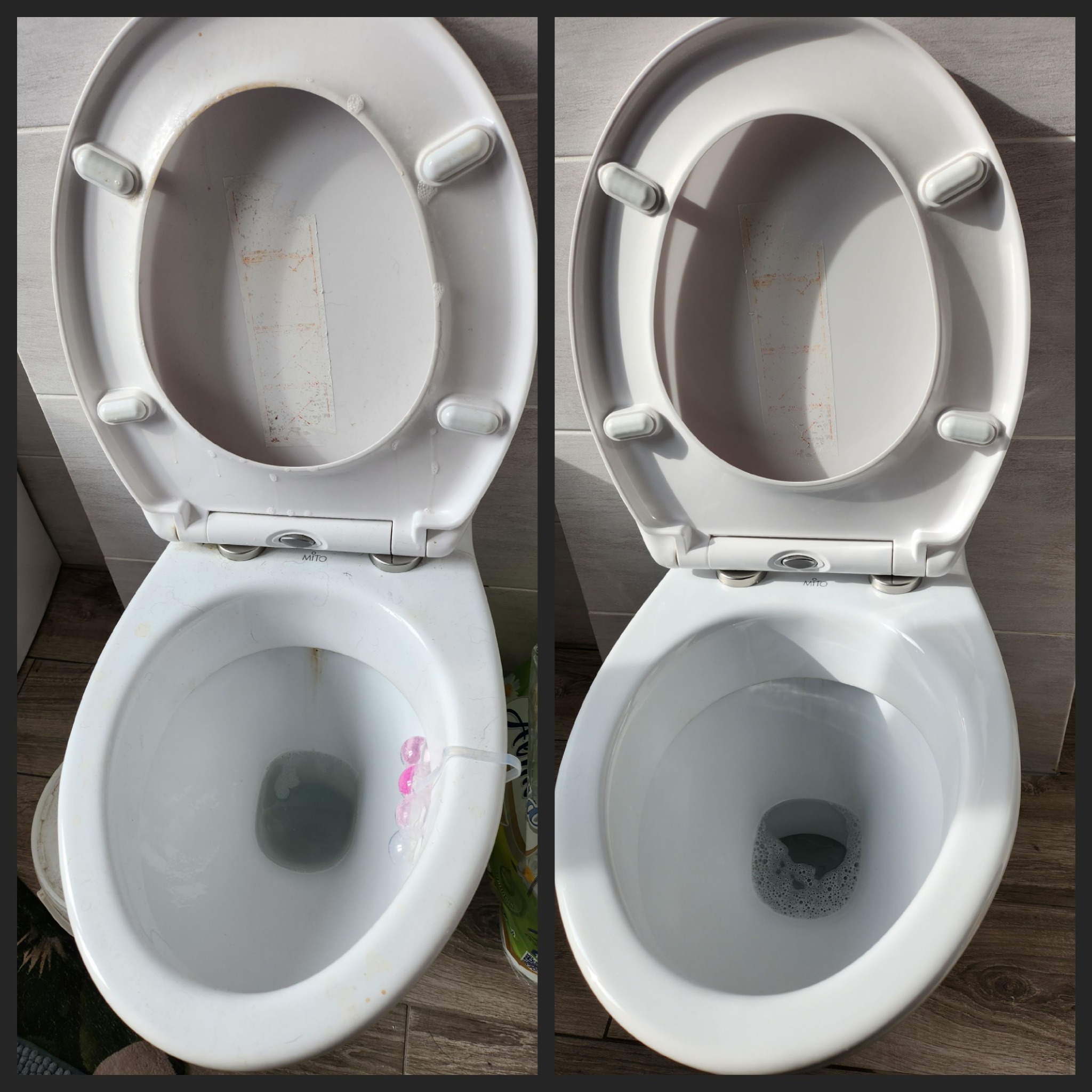 Porównanie toalety przed i po czyszczeniu, widoczne różnice w czystości muszli i deski sedesowej.