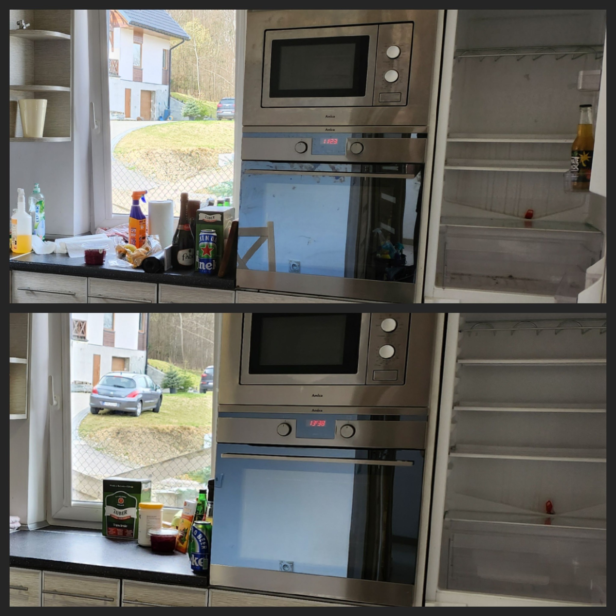 Niedokładnie posprzątana kuchnia z widocznym brudnym blatem, piekarnikiem i lodówką z resztkami jedzenia.