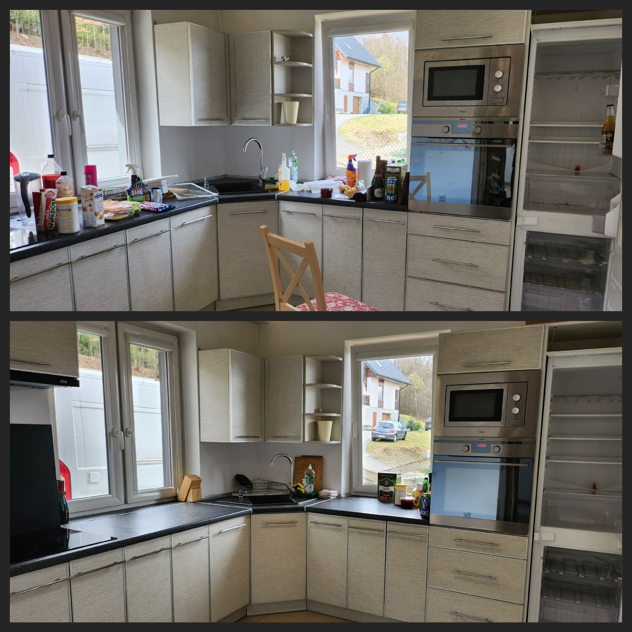 Kuchnia przed i po sprzątaniu: blat z rozsypanymi produktami spożywczymi i środkami czystości kontra czysty blat z kilkoma przedmiotami, widok na okno z zabudową i samochodem na zewnątrz.