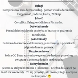 Tekst reklamowy biura rachunkowego Ewelina Stańczyk z zaletami usług, obejmującymi kompleksowe świadczenia, doświadczenie, jasne zasady, bezpieczeństwo, dobry kontakt i elastyczność, widoczny...