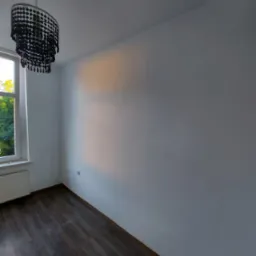 Pusty pokój po odnowieniu z ciemną podłogą z paneli, świeżo pomalowanymi białymi ścianami, wiszącą czarną lampą i widokiem na zieleń za oknem.