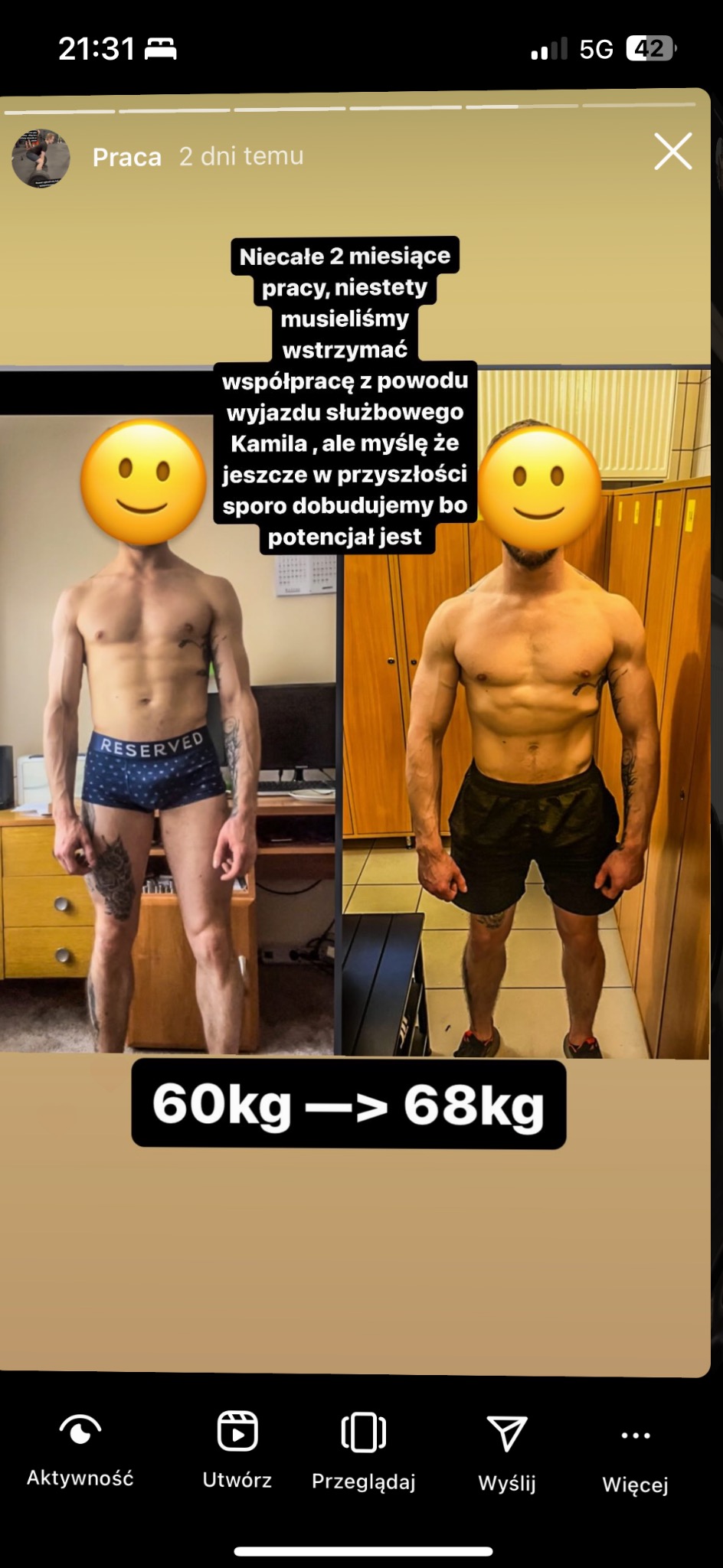 Porównanie sylwetki mężczyzny przed i po treningu, widoczna różnica w masie mięśniowej, waga 60kg versus 68kg, tło: garderoba i pokój z biurkiem.