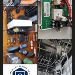 Kompozycja zdjęć prezentująca naprawę sprzętu AGD: otwarta pralka z widocznymi elementami wewnętrznymi, wnętrze zmywarki podświetlone na niebiesko, zbliżenie na płytę elektroniczną i naprawiająca...