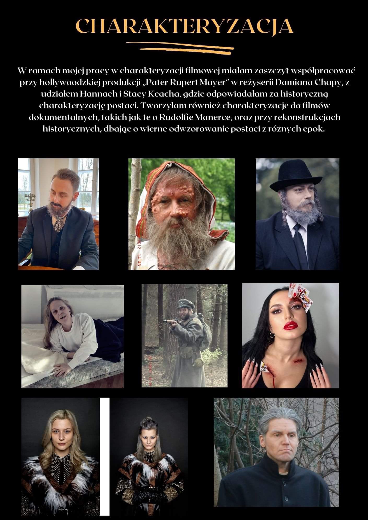 Kolaż zdjęć prezentujący różne charakteryzacje filmowe i teatralne, w tym postacie historyczne, fantastyczne i współczesne, z widocznymi elementami makijażu efektowego, protetyki i stylizacji włosów.