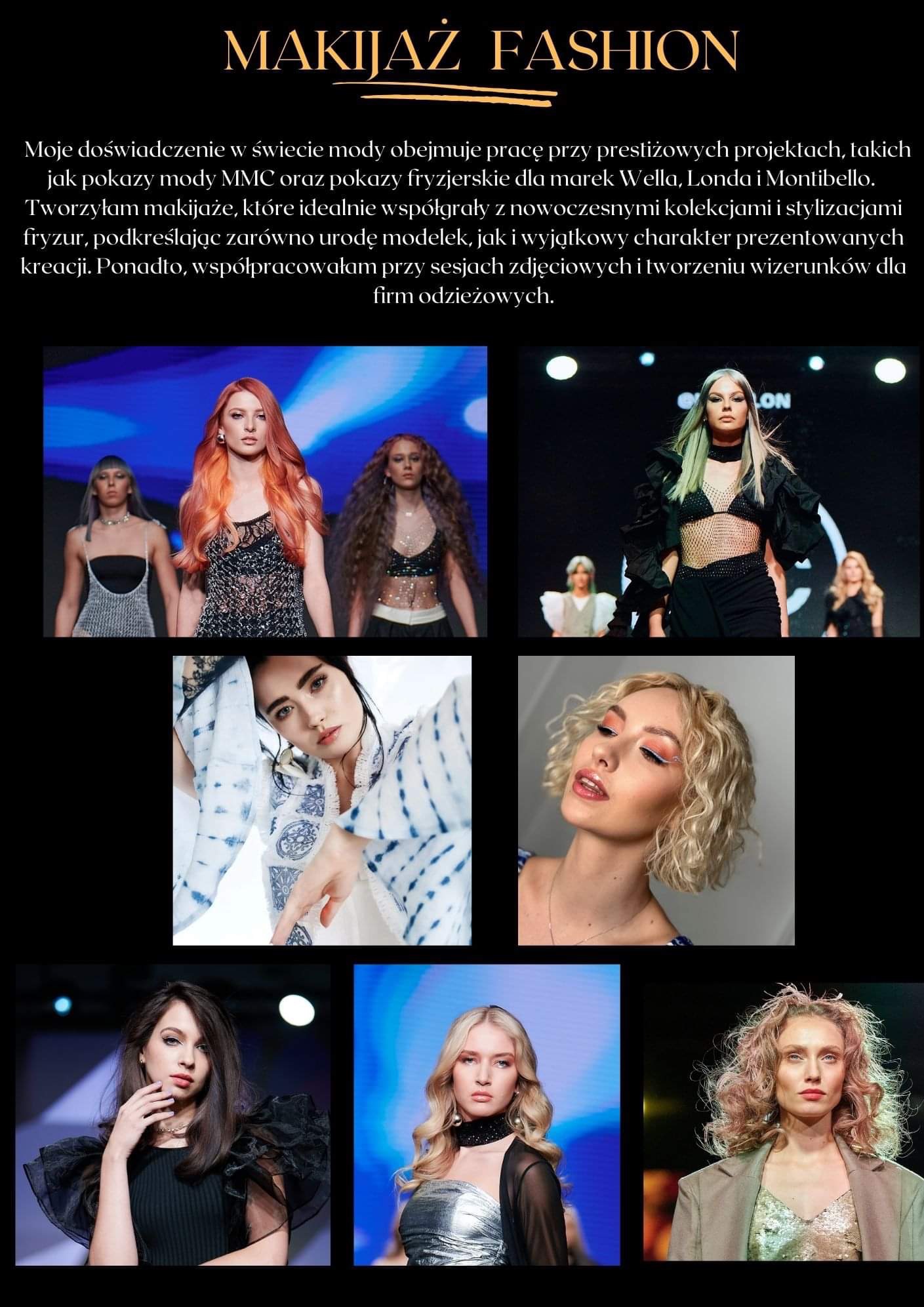 Kolaż zdjęć prezentujący różnorodne stylizacje modelek z wyrazistym podkreśleniem oczu i ust, oraz fryzur, w kontekście pokazów mody i sesji zdjęciowych.