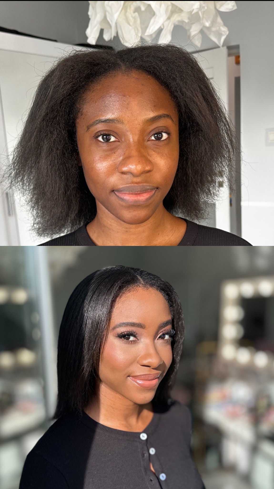 Zdjęcie 'przed i po' prezentujące metamorfozę makijażu i fryzury u młodej kobiety o ciemnej karnacji. Na dole widoczny efekt końcowy z profesjonalnym makijażem.