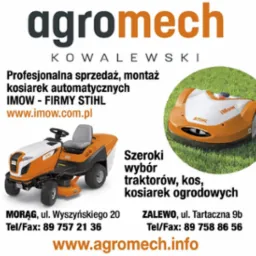 Ogłoszenie firmy Agromech Kowalewski oferującej sprzedaż i montaż kosiarek automatycznych i traktorów ogrodowych marki Stihl, z podanymi adresami i stroną internetową.
