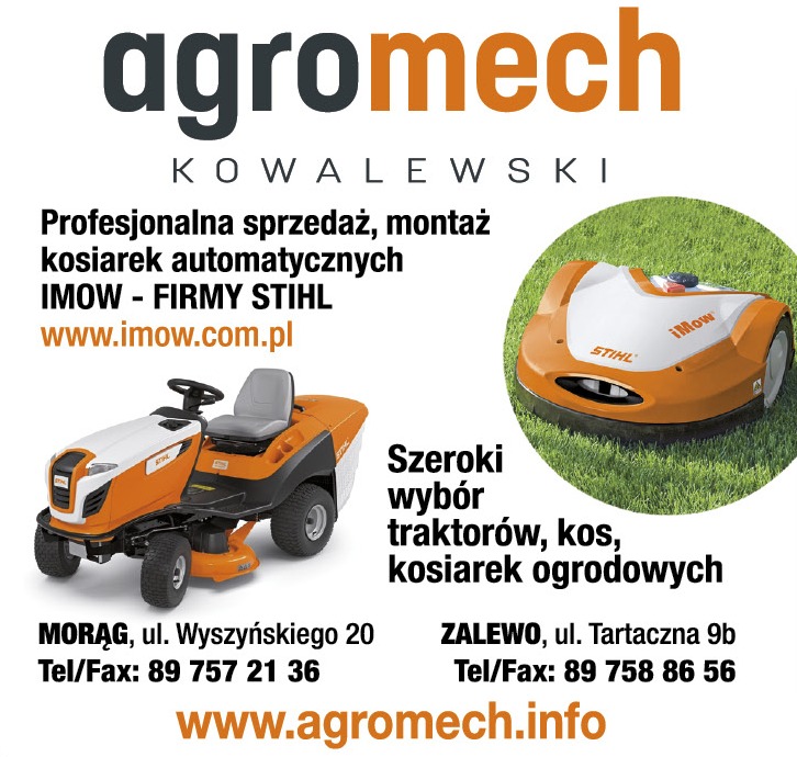 Ogłoszenie firmy Agromech Kowalewski oferującej sprzedaż i montaż kosiarek automatycznych i traktorów ogrodowych marki Stihl, z podanymi adresami i stroną internetową.