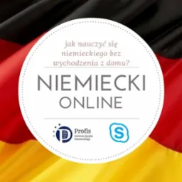 Grafika reklamowa kursu niemieckiego online z hasłem 'jak nauczyć się niemieckiego bez wychodzenia z domu?' na tle flagi Niemiec, z logo Profis Centrum Języka Niemieckiego i ikoną Skype.