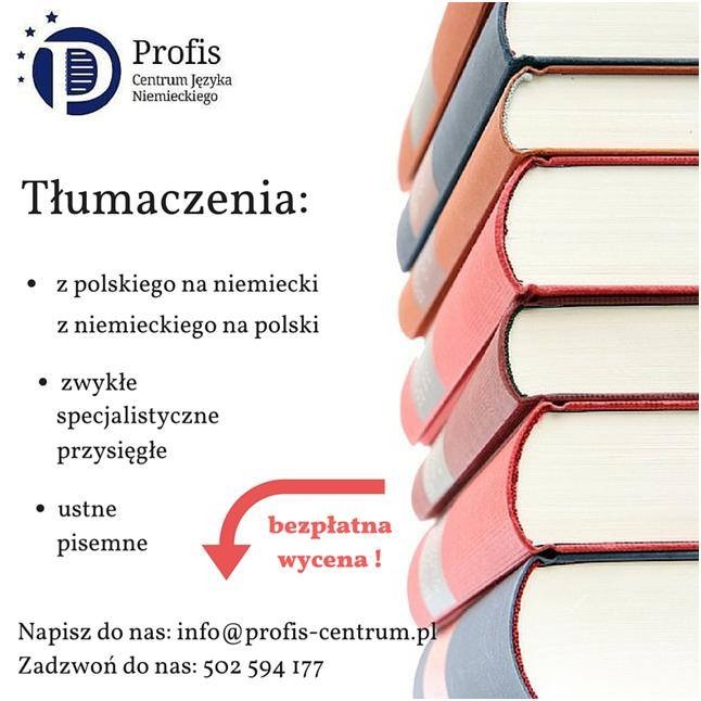 Logo centrum języka niemieckiego Profis z informacją o tłumaczeniach z polskiego na niemiecki i z niemieckiego na polski, zwykłych, specjalistycznych i przysięgłych, ustnych i pisemnych,...