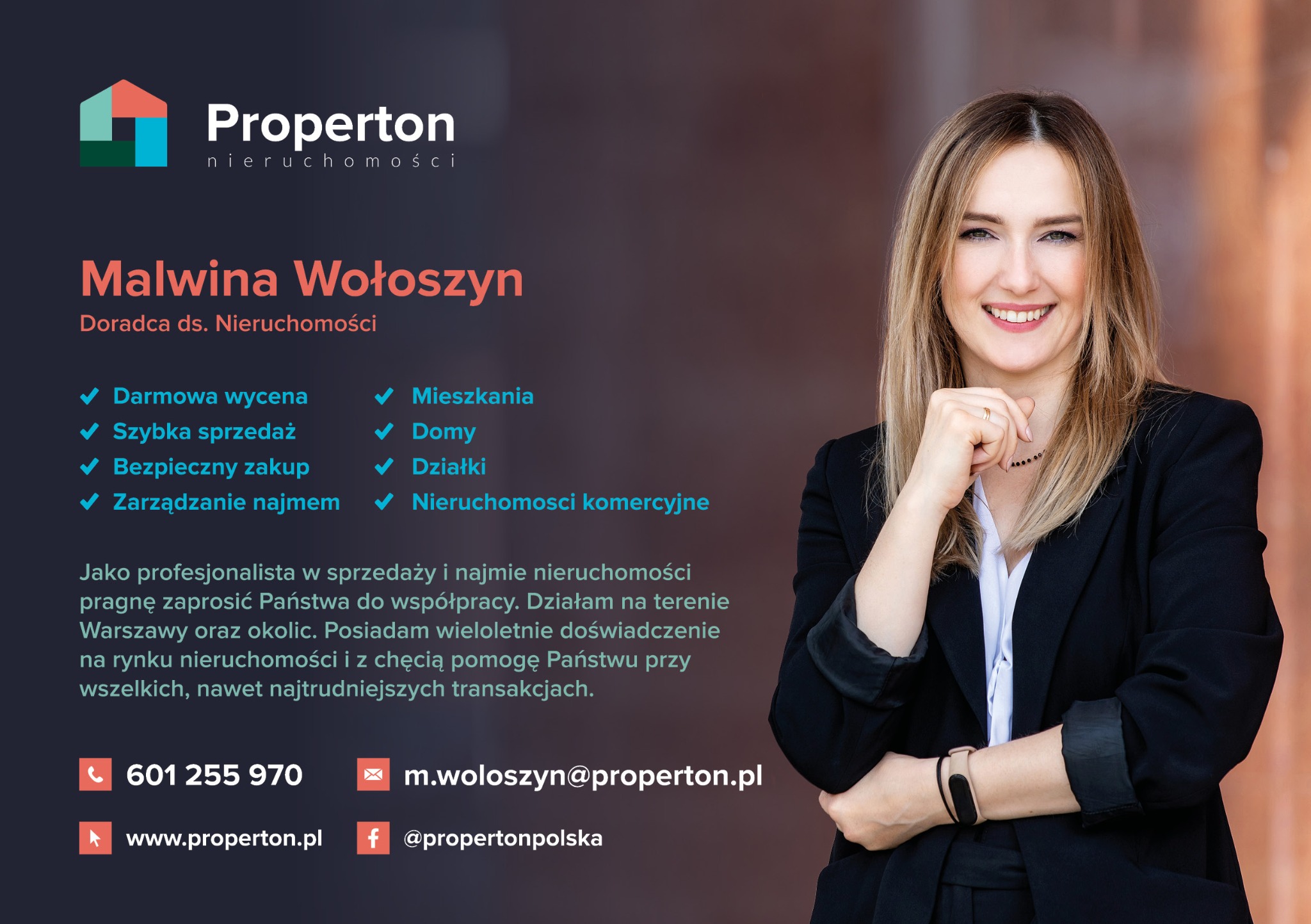 Portret uśmiechniętej blondynki, doradcy ds. nieruchomości, w czarnej marynarce, z firmowym logo i danymi kontaktowymi agencji Properton w tle.