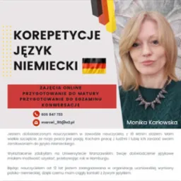 Grafika reklamowa korepetycji języka niemieckiego z flagą Niemiec, zdjęciem kobiety i informacjami kontaktowymi.