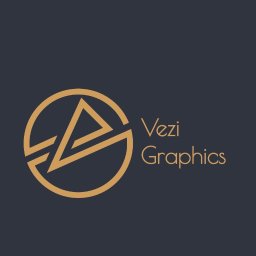 Kuba Skopczyński - Złote logo 'Vezi Graphics' na ciemnoszarym tle, przedstawiające okrąg z wpisaną literą 'V' i nazwą firmy obok.