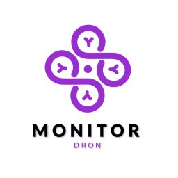 Kuba Skopczyński - Fioletowy, geometryczny logotyp w kształcie wirnika drona, pod nim czarny napis 'MONITOR DRON' na białym tle.