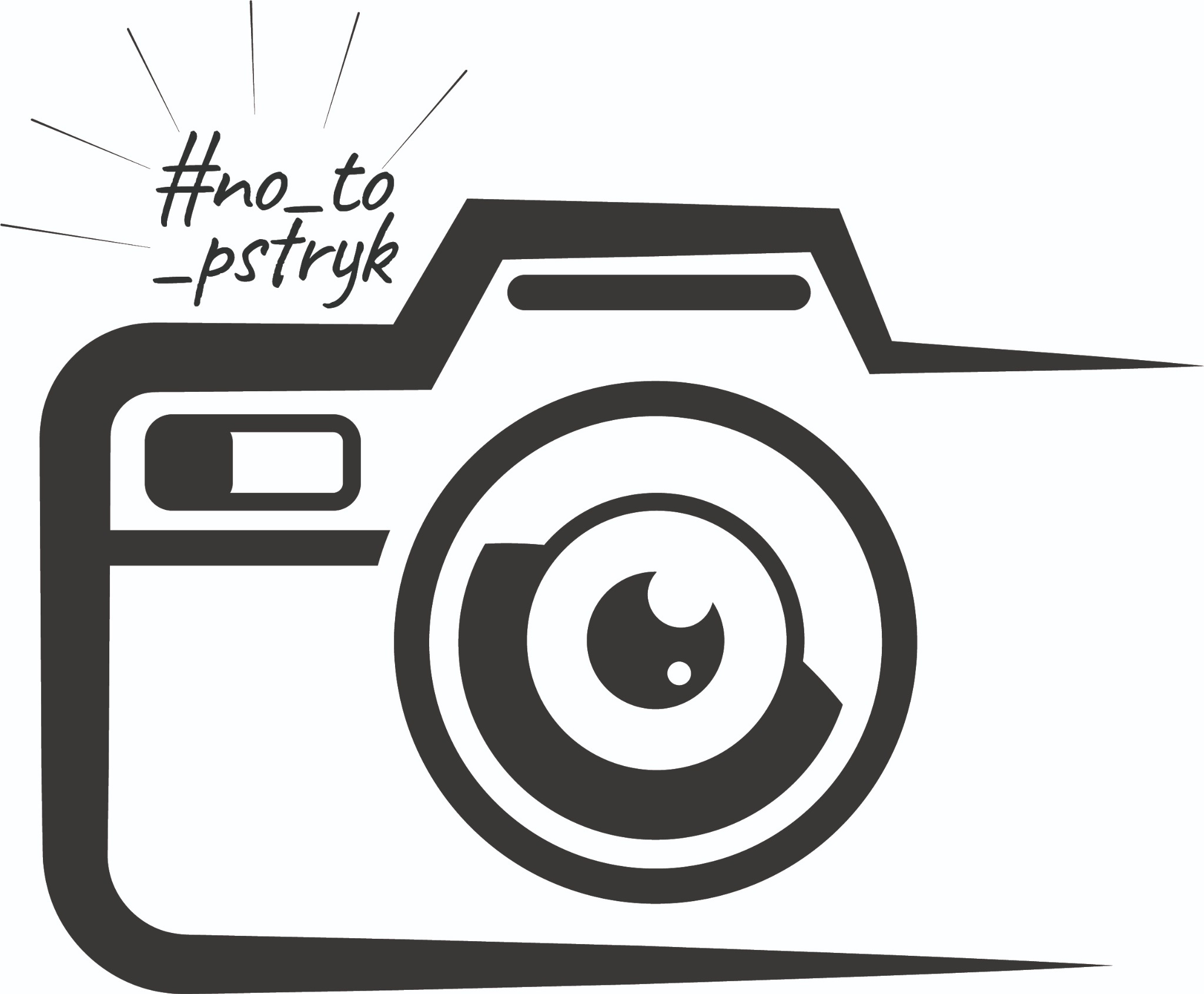 Czarno-biała, minimalistyczna ikona aparatu fotograficznego z napisem '#no_to_pstryk' nad obiektywem.