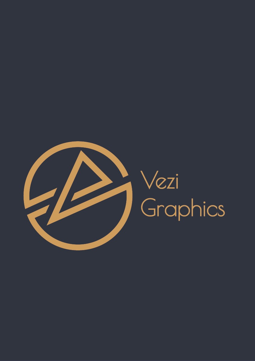Złote logo 'Vezi Graphics' na ciemnoszarym tle, przedstawiające okrąg z wpisaną literą 'V' i nazwą firmy obok.