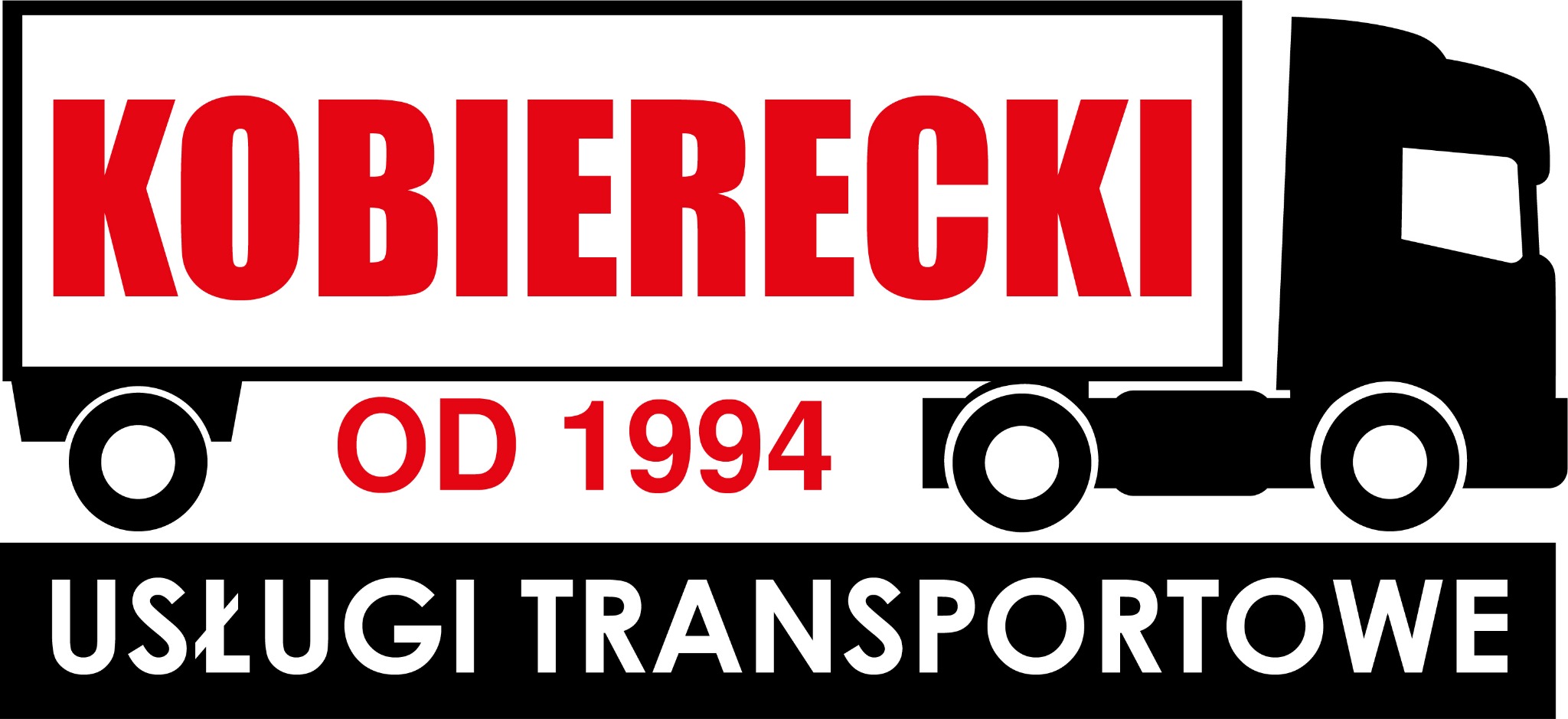 Stylizowany graficznie czarno-biały samochód ciężarowy z czerwonym napisem 'KOBIEREKI OD 1994' na naczepie i czarnym napisem 'USŁUGI TRANSPORTOWE' poniżej.