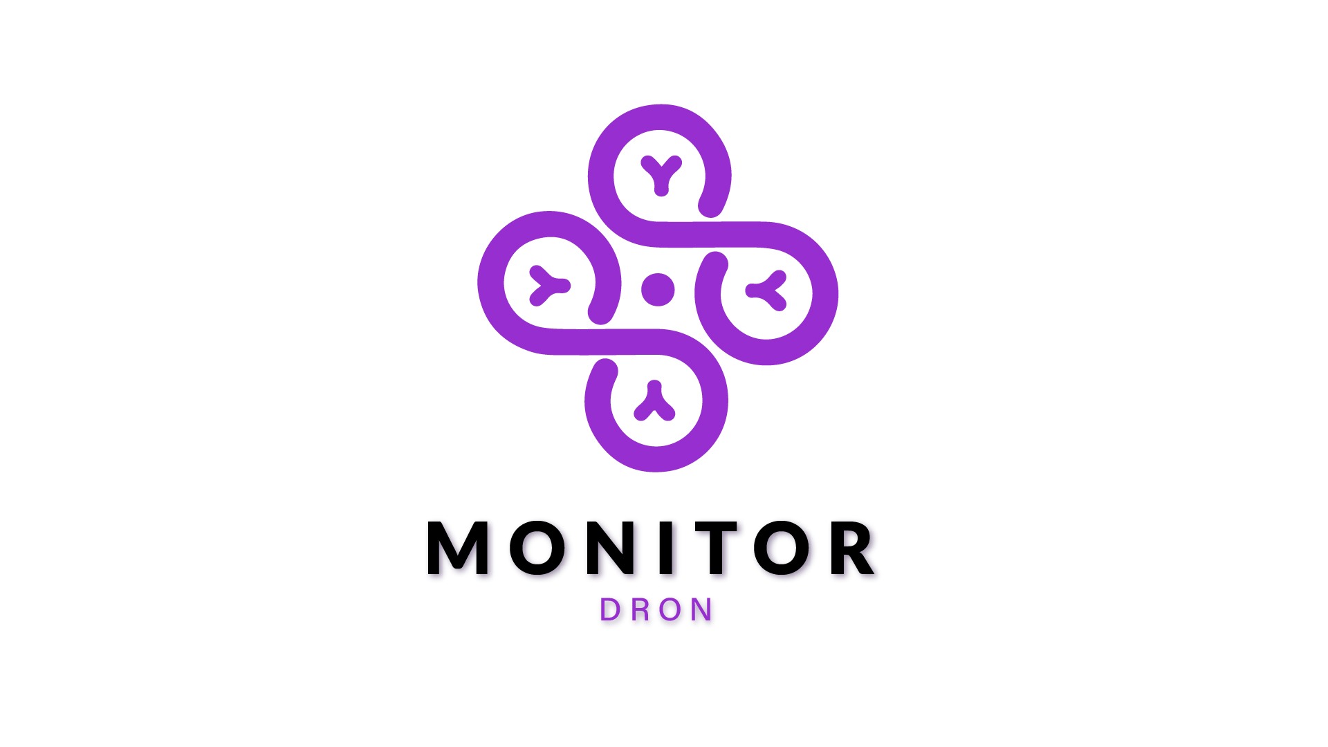 Fioletowy, geometryczny logotyp w kształcie wirnika drona, pod nim czarny napis 'MONITOR DRON' na białym tle.