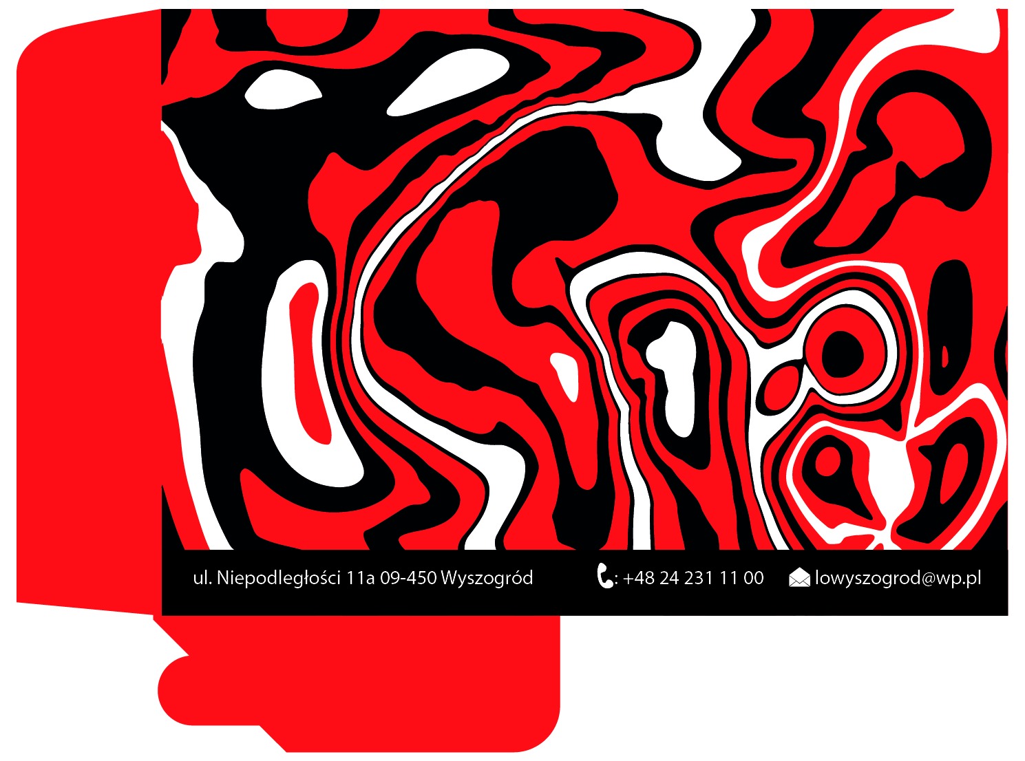 Otwarta czerwona teczka z abstrakcyjnym wzorem w kolorach czerwonym, czarnym i białym, zawierająca dane kontaktowe firmy w dolnej części.