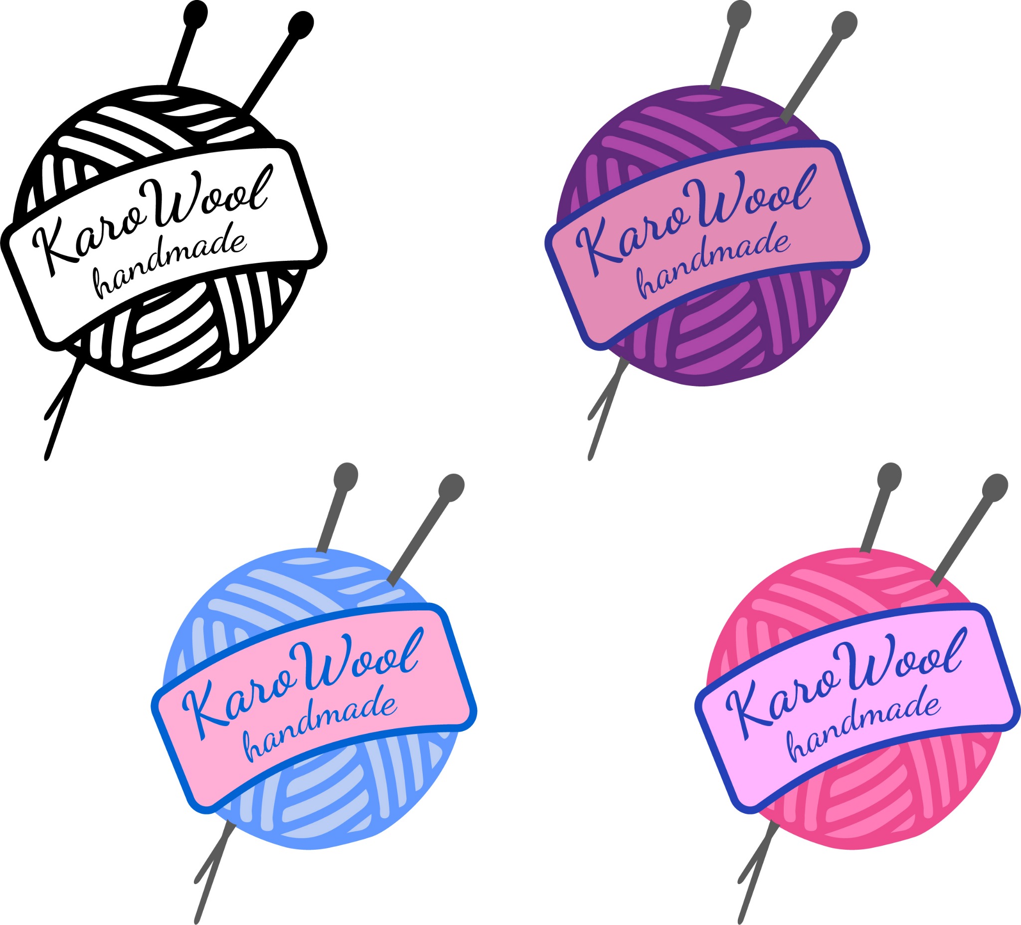 Cztery warianty kolorystyczne logo Karo Wool handmade przedstawiające kulę włóczki i druty.