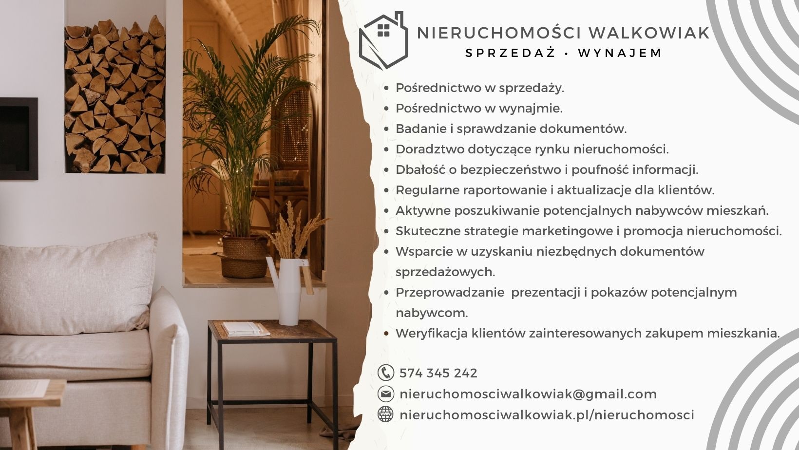Grafika reklamowa agencji nieruchomości: nowoczesne wnętrze z dekoracyjnym drewnem, minimalistycznym stolikiem i roślinami w tle, po prawej lista usług i dane kontaktowe.