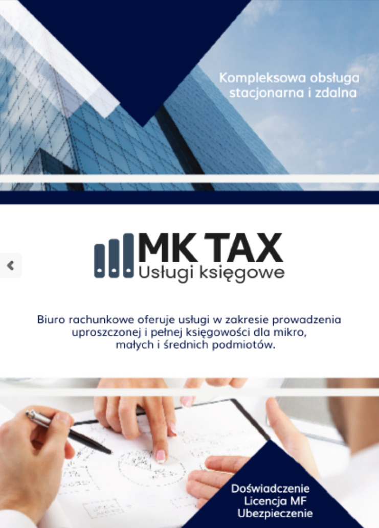 Grafika reklamowa biura rachunkowego MK TAX, przedstawiająca schemat na kartce analizowany przez dwie osoby, z widocznym logotypem firmy i informacją o doświadczeniu, licencji MF i ubezpieczeniu.