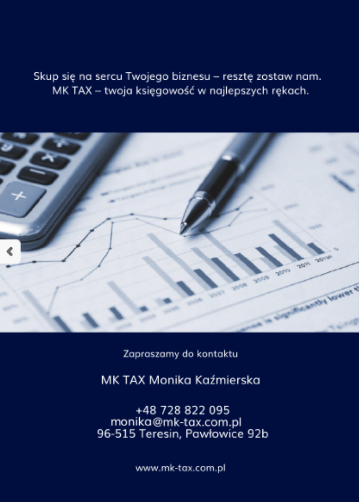 Kalkulator, długopis i wykres słupkowy na dokumencie, prezentujące analizę finansową, z tekstem reklamowym firmy MK TAX.