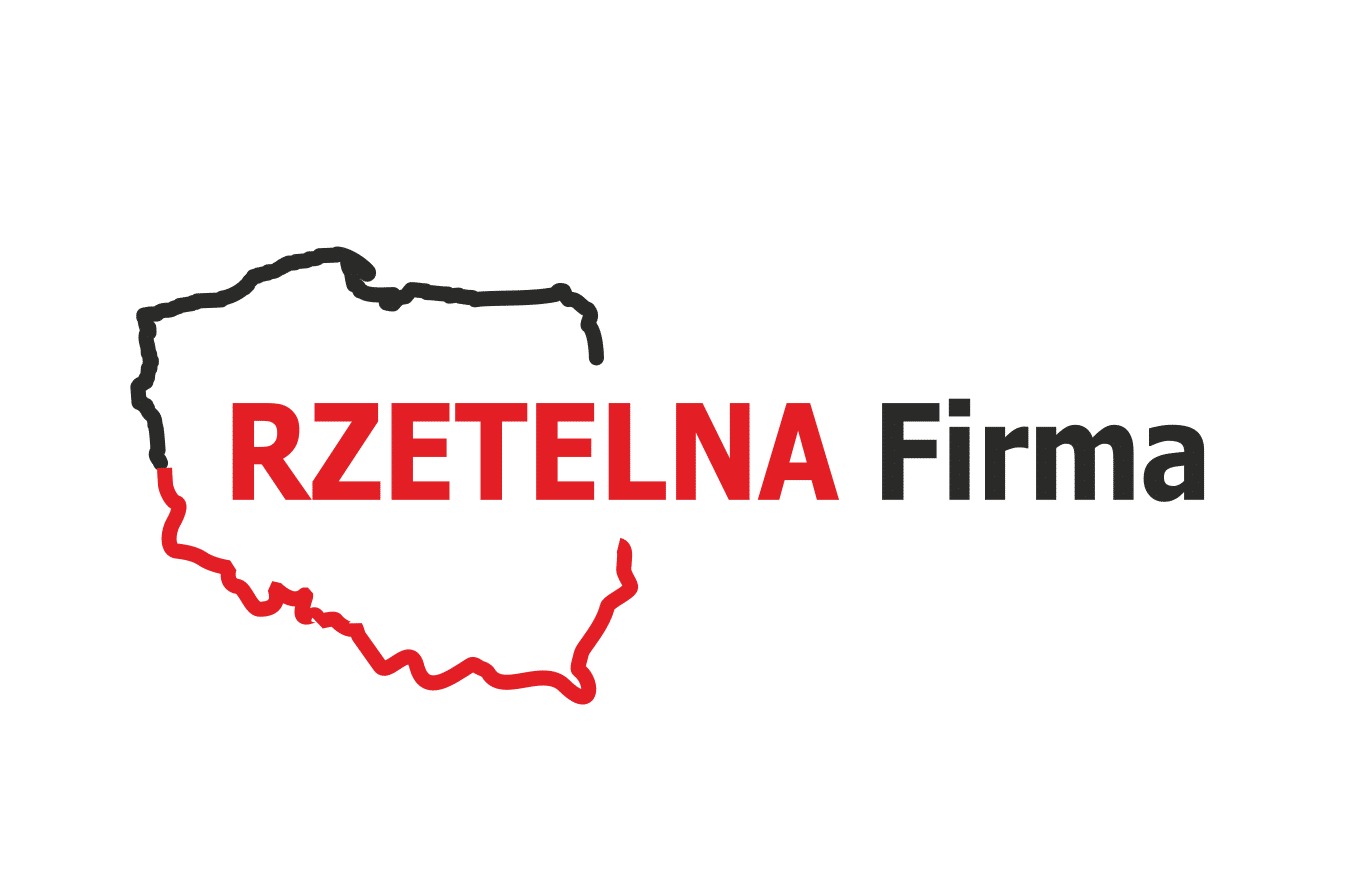Logo firmy 'Rzetelna Firma' z obrysem mapy Polski w kolorach czarnym i czerwonym.