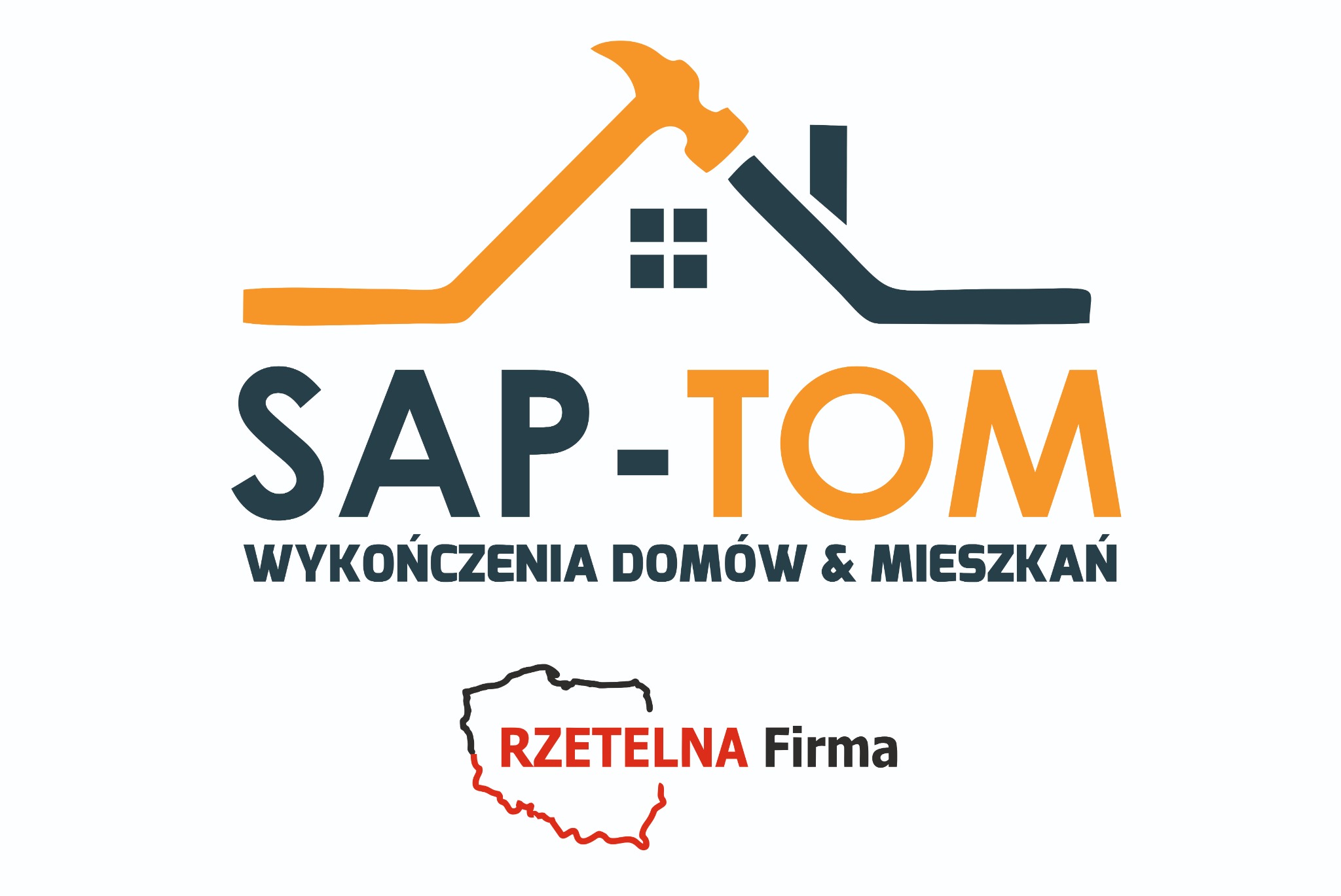 Logo firmy SAP-TOM: młotek i dach w kolorach pomarańczowym i granatowym, napis 'Wykończenia domów i mieszkań', grafika mapy Polski z napisem 'Rzetelna Firma'.