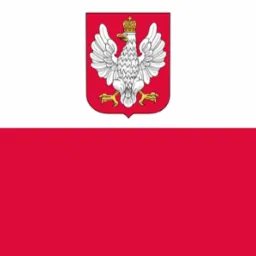 Flaga Polski z godłem, biało-czerwone pasy, biały orzeł w koronie na czerwonym tle.