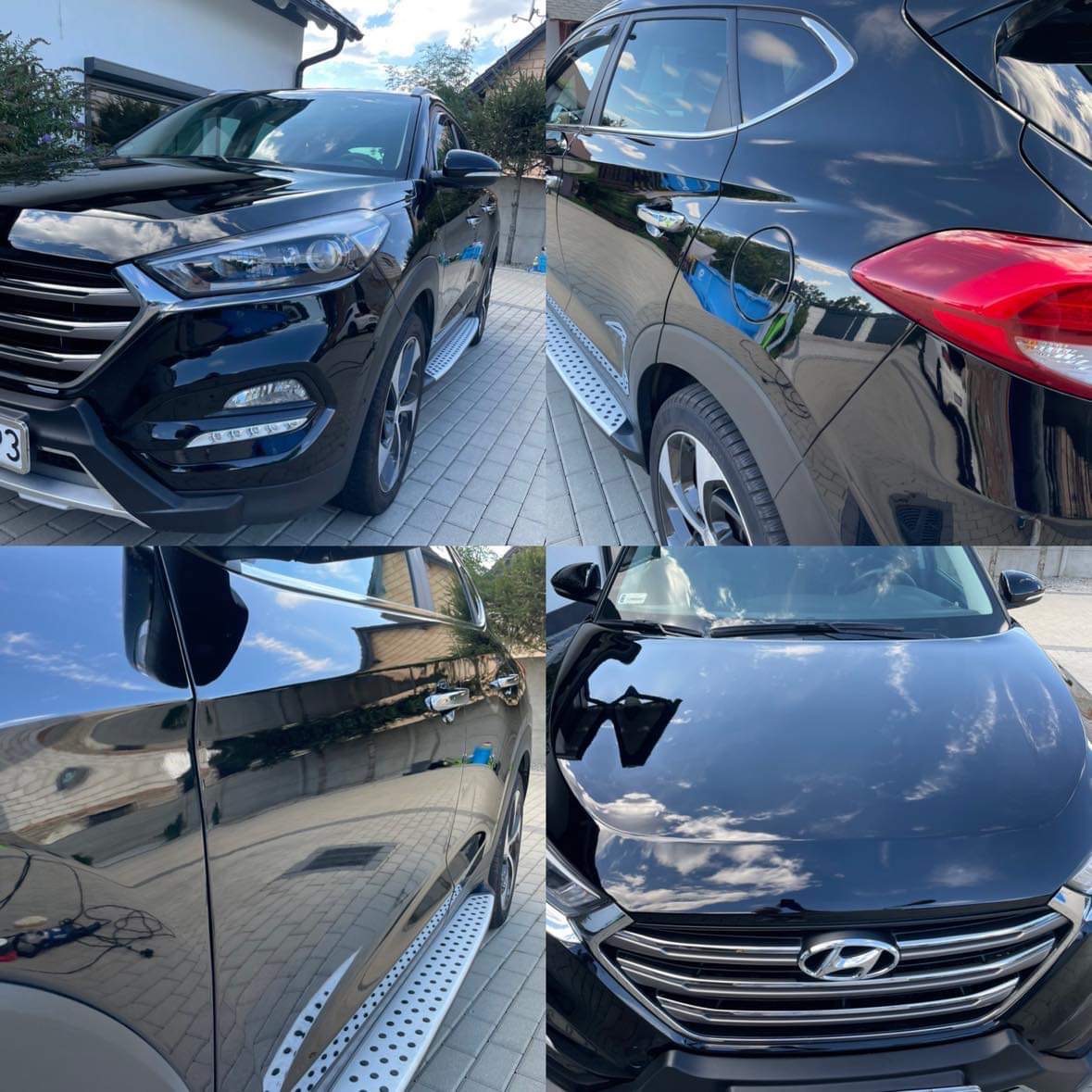 Błyszczący, czarny samochód Hyundai Tucson po detailingu, z widocznym odbiciem nieba na karoserii, zaparkowany na kostce brukowej.