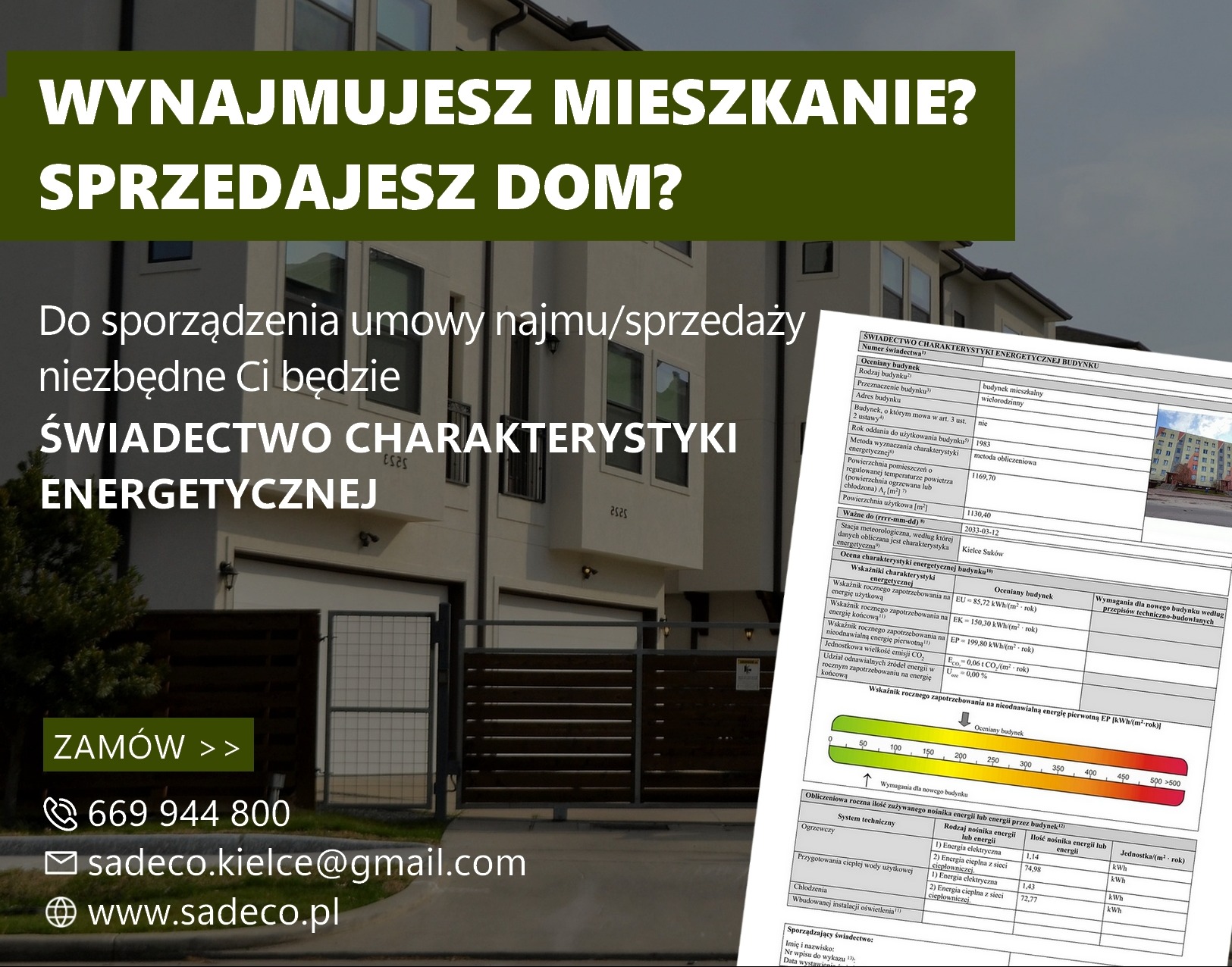 Ogłoszenie informujące o konieczności posiadania świadectwa charakterystyki energetycznej przy wynajmie lub sprzedaży mieszkania, na tle budynku mieszkalnego i fragmentu świadectwa.
